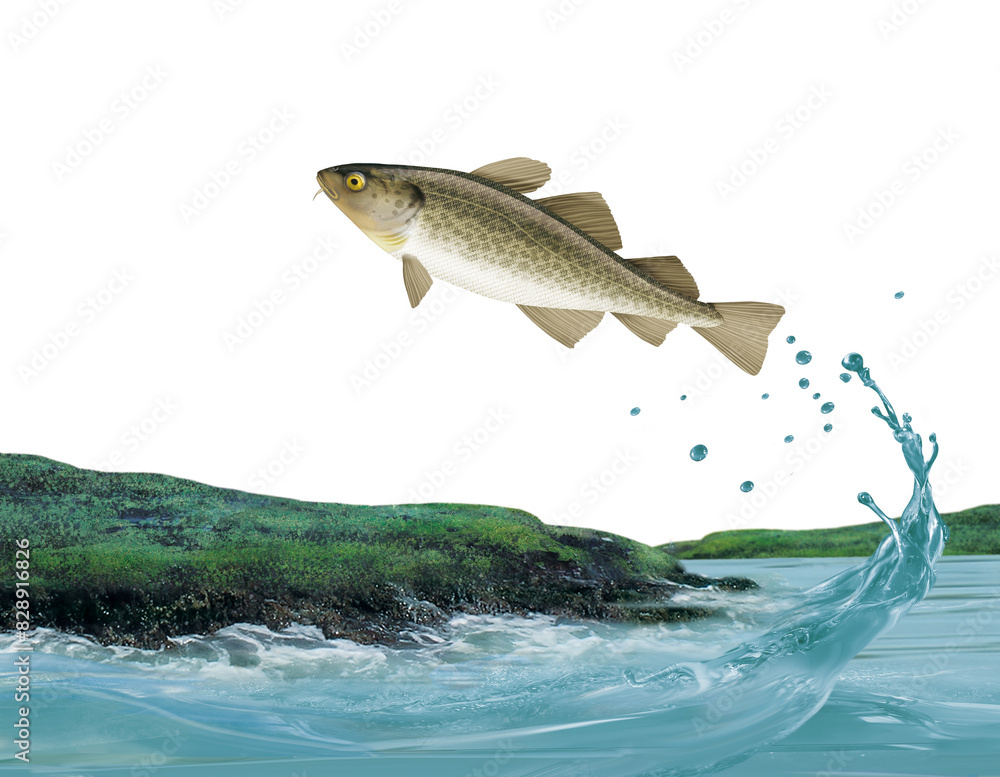 Obraz premium cabillaud ,poisson, rocher, vague, sauter, evasion, migration, pêche, ocean, lac, goutes, mer, limpide, logo, sous-marin, attraper, eau, fruits de mer, aliment, ailette, queue, argent, nature