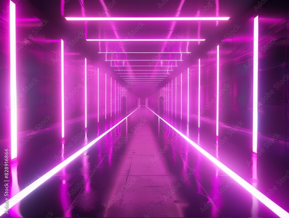 Immersive Neon, Vibrant Tunnel Structure with Glowing Lines, Echoing LED Arcade Vibes and Virtual Reality Sensations - Abstract Technological Background