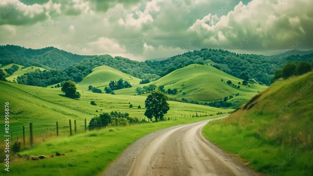 A dirt road meanders through a vibrant green field under a clear blue sky, A family road trip through rolling hills and lush green countryside A dirt road meanders through a vibrant green field under a clear blue sky, A family road trip through rolling hills and lush green countryside