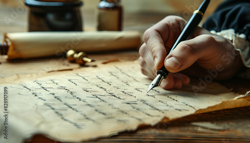 Writing with fountain pen on vintage parchment near inkwell at wooden table, closeup photo