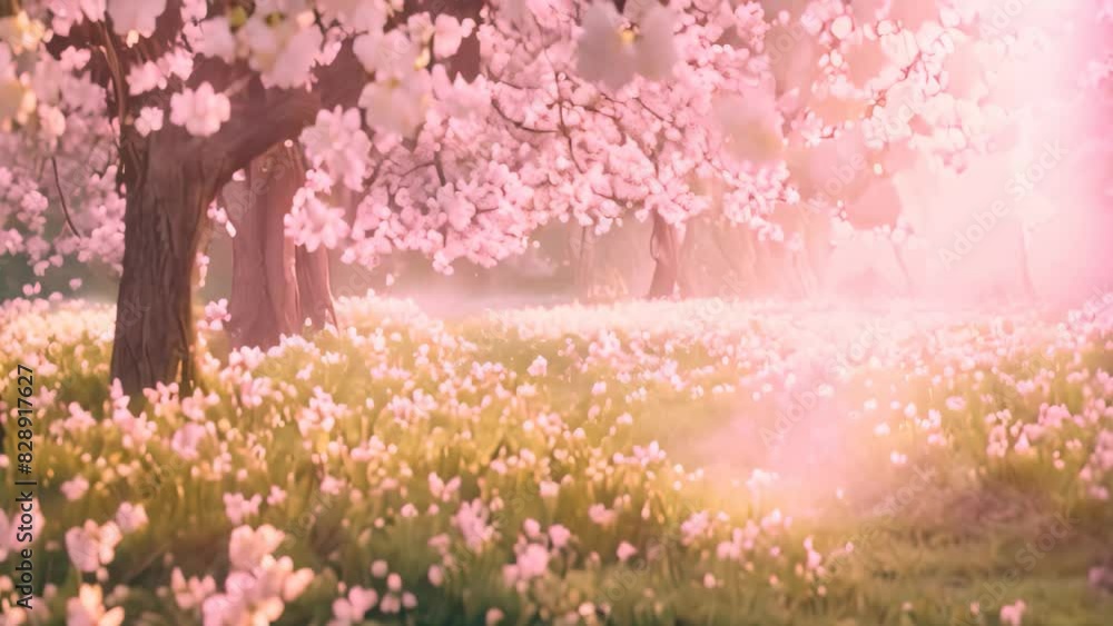 A field filled with blooming flowers and trees under the sunlight, creating a vibrant and colorful scene, A field of blooming cherry blossoms in the springtime A field filled with blooming flowers and trees under the sunlight, creating a vibrant and colorful scene, A field of blooming cherry blossoms in the springtime