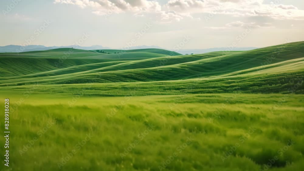 Lush green grass field extends, hills in background, A field of grass stretching as far as the eye can see, creating a peaceful landscape Lush green grass field extends, hills in background, A field of grass stretching as far as the eye can see, creating a peaceful landscape