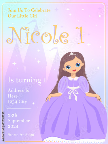 Birthday invitation little princess and castle. Turns one year old