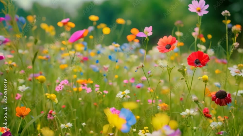 A vibrant field filled with colorful flowers, with tall trees in the background, under a bright sunny sky, A field of vibrant wildflowers swaying in the breeze A vibrant field filled with colorful flowers, with tall trees in the background, under a bright sunny sky, A field of vibrant wildflowers swaying in the breeze