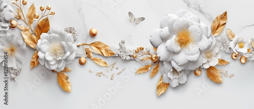 Glamorous wedding arrangement with delicate white flowers on white marble backdrop, golden leaves and small butterfly. 