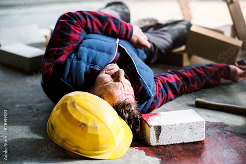 An unconscious man worker lying on the floor after a head injury. Work injury, accident in workplace.