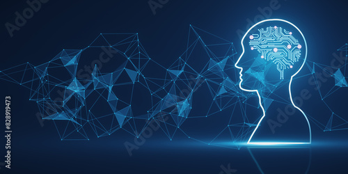 Tableau sur toile Creative polygonal head outline with brain on blue background
