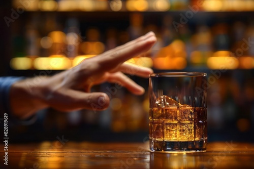 A firm hand in the foreground saying no to a glass of whiskey with a blurred bar scene in the background symbolizing responsible drinking photo