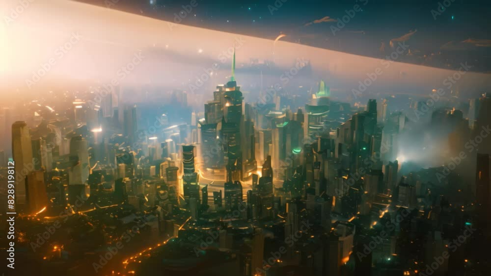 An aerial view of a brightly lit city at night, with tall buildings and ...