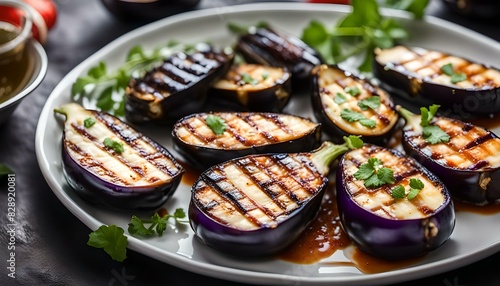 A closeup of fresh grilled eggplants on a plate
 photo