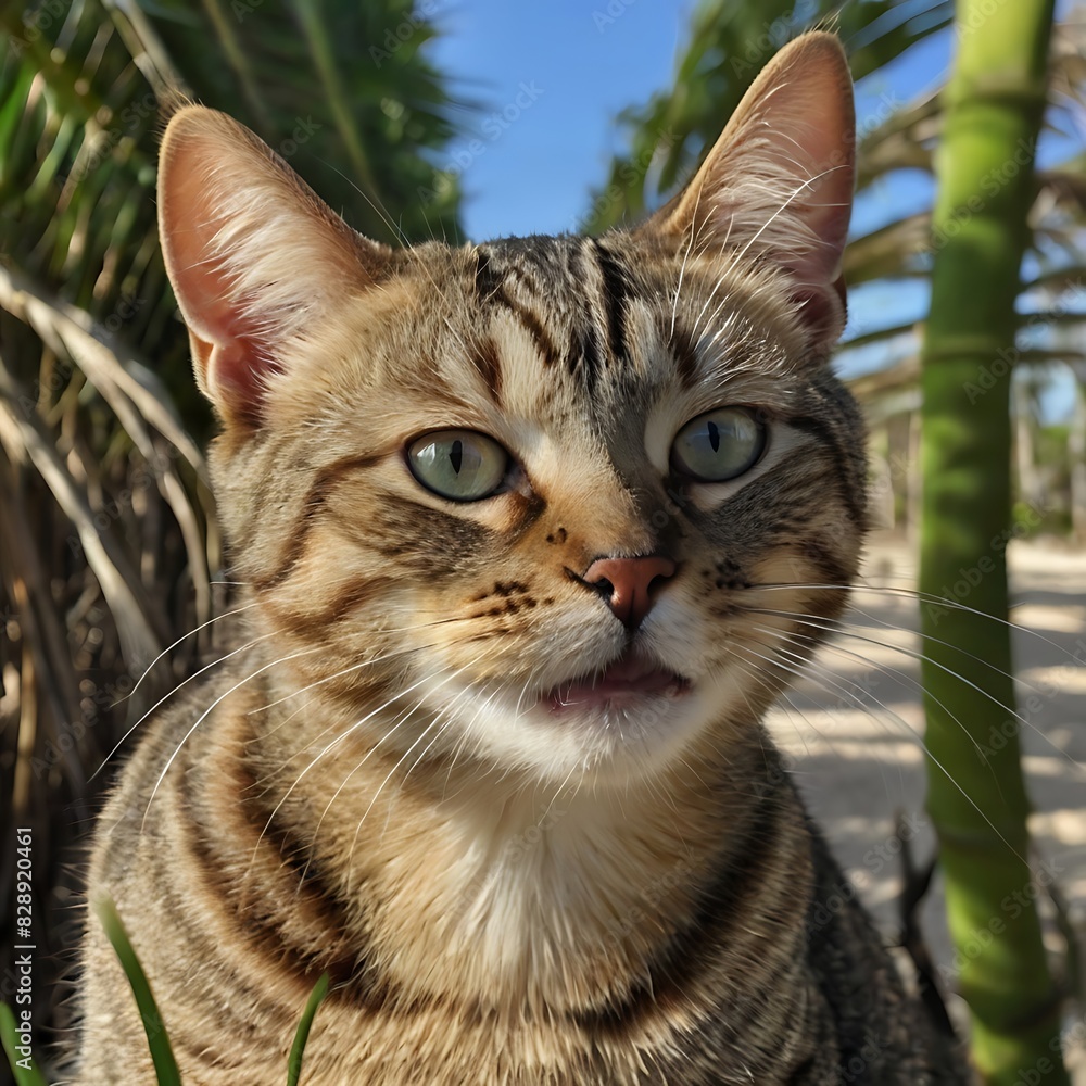 Fototapeta premium cat on the tree, cat close-up, cat on a beach, pet, furry animal