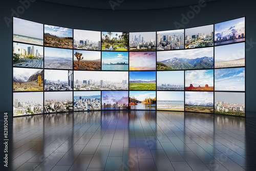 Obraz na płótnie Creative video wall in television production room as technology concept with colorful screens and various images