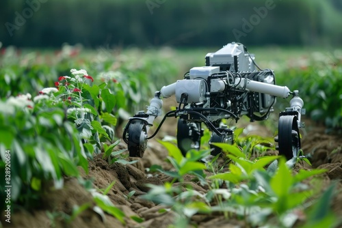 An agricultural robot agribot working in the field performing tasks such as weeding planting or harvesting