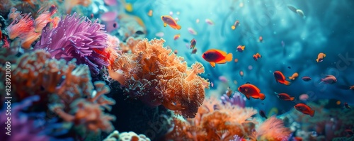 Vibrant underwater coral reef teeming with colorful fish and marine life, showcasing the beauty and diversity of ocean ecosystems. photo