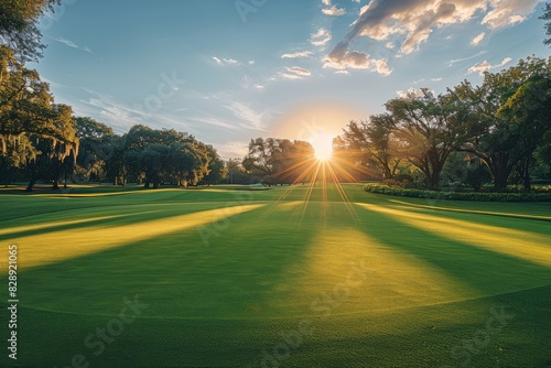 Golden hour sunset on a lush golf course creates warm tones and long shadows, capturing serenity in Editorial photography style.