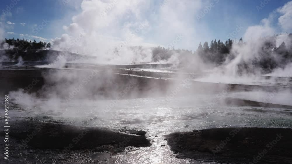 Steam Over Yellowstone Geothermal Area on August 27, 2023 in USA Steam Over Yellowstone Geothermal Area on August 27, 2023 in USA