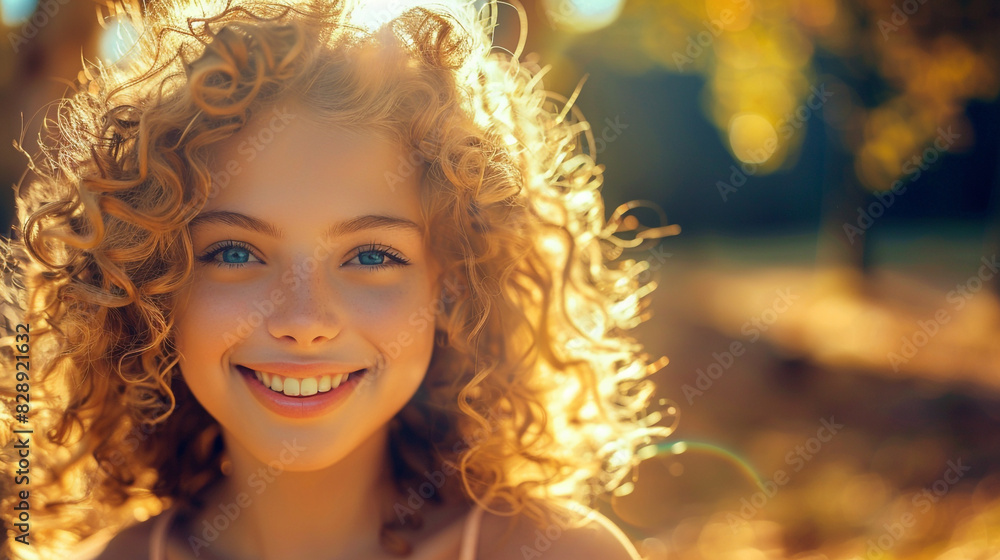 Warm smiles from a pretty girl in a park under the sun, with wavy hair and blue eyes Warm smiles from a pretty girl in a park under the sun, with wavy hair and blue eyes