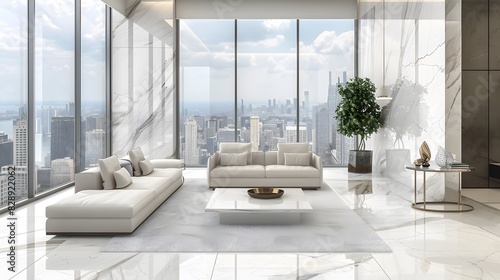 modern luxury living room, white marble decorations, high floor to ceiling windows 
