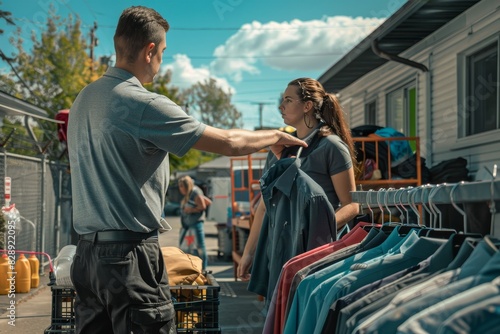 sunny day. dry cleaner returns freshly washed shirts - title. sunny day. dry cleaner returns freshly washed shirts