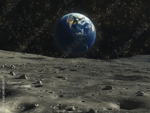 View from the Moon's surface with Earth rising over the horizon. The Earth is colored in blues, greens, and whites, contrasting the grey, cratered lunar surface