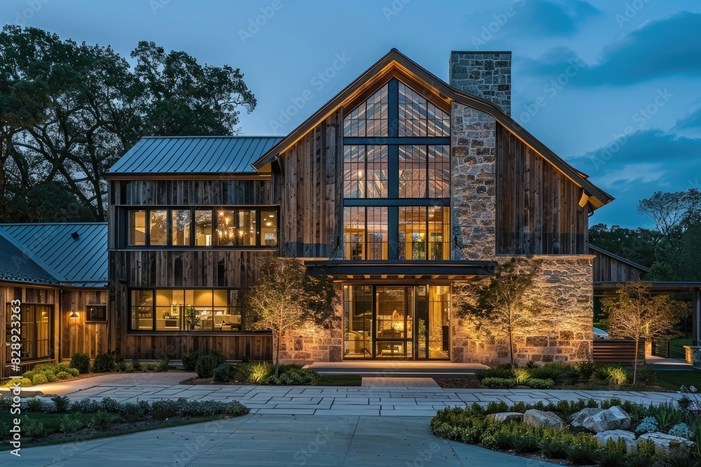 photograph of modern luxury country house with stone and timber cladding, glass front door at night, two story barn style, full