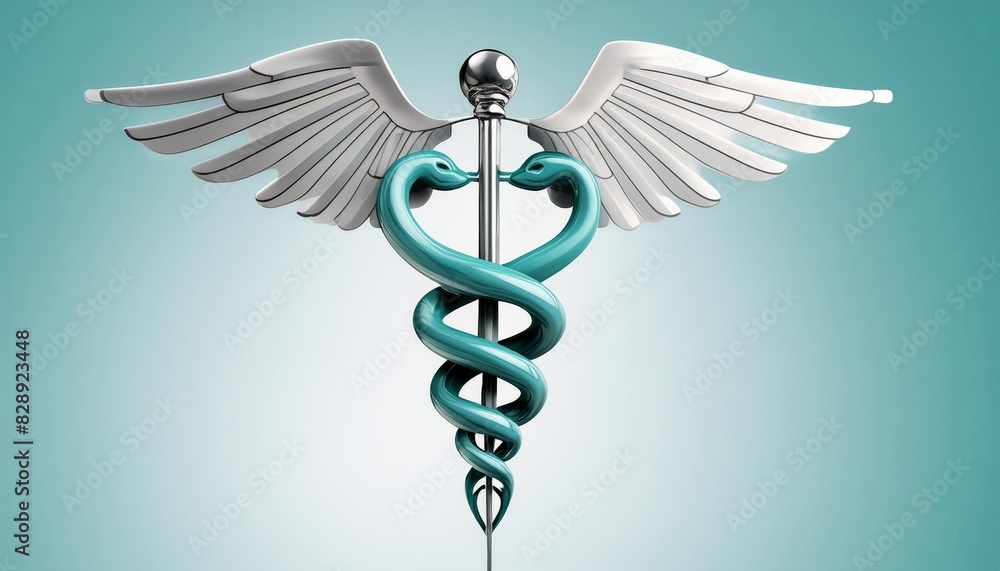 3D Caduceus Medical Symbol on Teal Background. 3D illustration of the caduceus medical symbol on a teal and white gradient background 3D Caduceus Medical Symbol on Teal Background. 3D illustration of the caduceus medical symbol on a teal and white gradient background