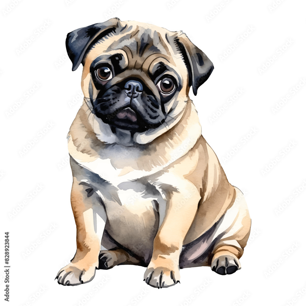 Obraz premium Pug Dog Puppy Hand Drawn Watercolor Painting Illustration