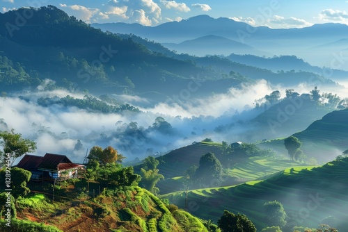 Scenic morning view of chiangdao mountain valley covered in fog at sunrise, chiangmai thailand photo