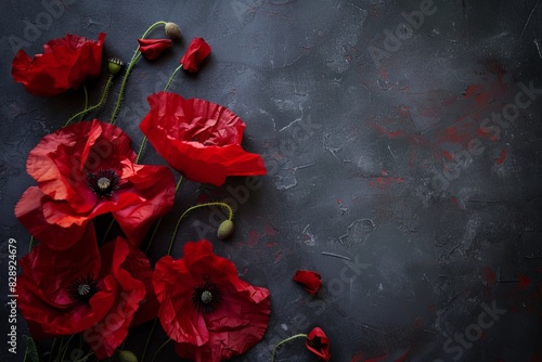 Symbolic red poppies on dark background for remembrance and anzac day commemoration © Mikki Orso
