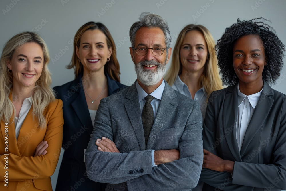 Diverse team with professional businessman and businesswoman standing confidently in a corporate office. Diverse team with professional businessman and businesswoman standing confidently in a corporate office.