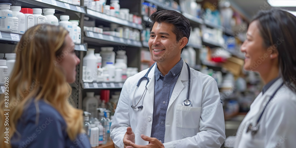A group of professionals discussing medicine in a pharmacy storage room, assisting customers with medication.