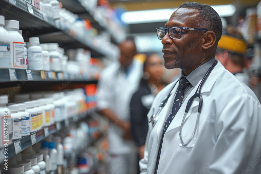 Two professionals in a pharmacy discussing medication, providing friendly assistance to customers in-store. Two professionals in a pharmacy discussing medication, providing friendly assistance to customers in-store.