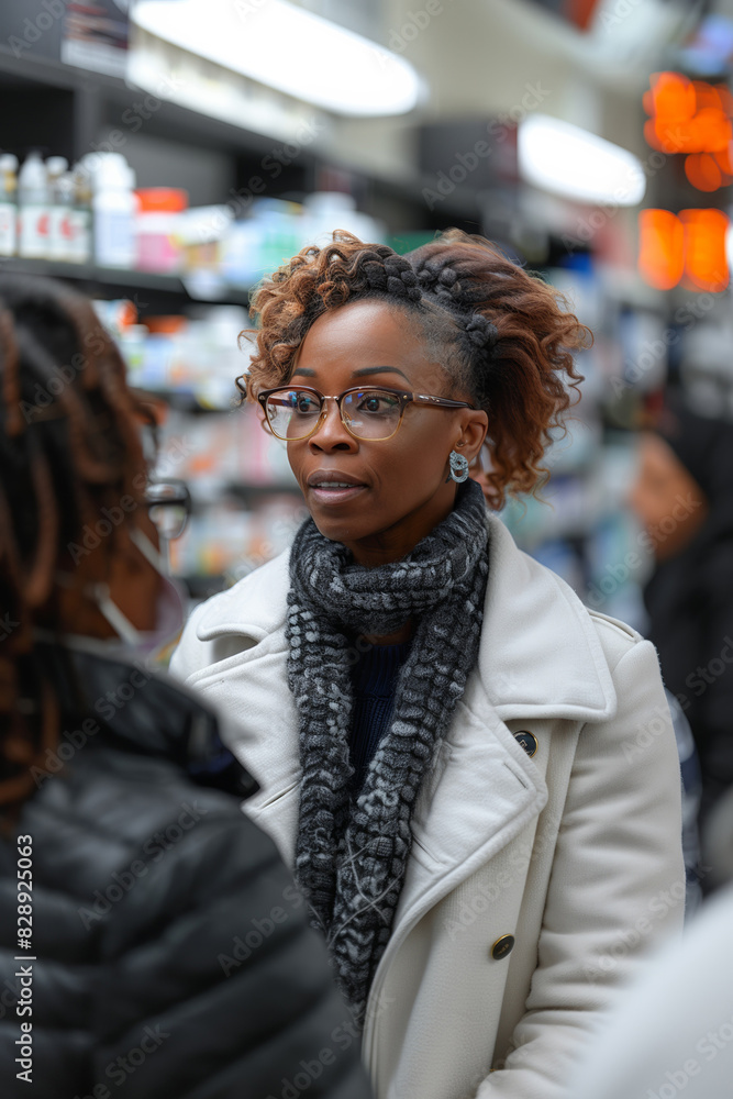 A young American woman smiles while shopping at a pharmacy, choosing beauty products. A young American woman smiles while shopping at a pharmacy, choosing beauty products.