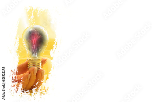 A woman's hand holds an incandescent lamp and lightning bolts in a lamp on a white background, light and electricity