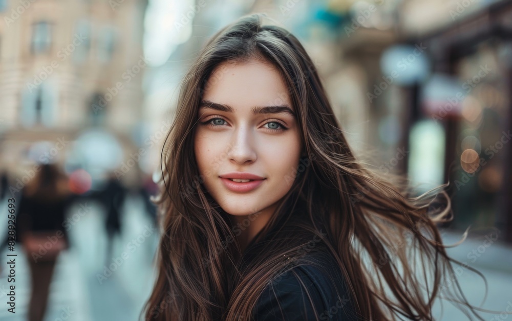 A beautiful young woman with long hair is standing on a street in an urban environment A beautiful young woman with long hair is standing on a street in an urban environment