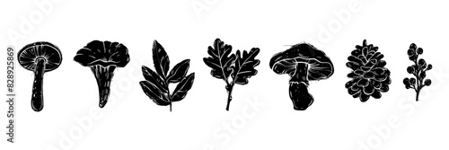 Linocut forest mushroom set engraving vector Scandinavian leaf, cones twig black print collection. Autumn nature woodcut silhouette season botanical object illustration. Linocut mushroom texture stamp