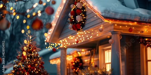 A beautifully decorated home with festive Christmas lights and ornaments, with fresh snow adding to the holiday spirit photo