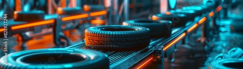 Low angle of Automated conveyor belt sorting tires, in a tire manufacturing factory.