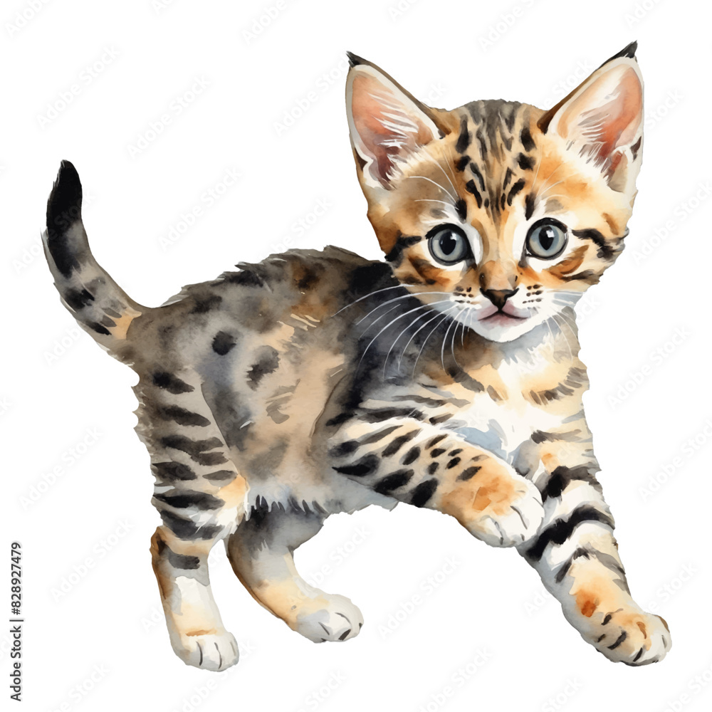 Savannah Cat Kitten Jumping or Running Hand Drawn Watercolor Painting Illustration Savannah Cat Kitten Jumping or Running Hand Drawn Watercolor Painting Illustration