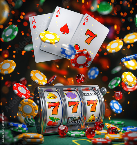 Banner of mobile online casino application with 777 big win slot machine. Poster with online mobile app casino and Jackpot 777. Poster.