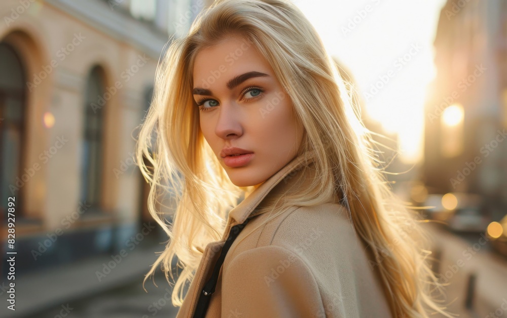 A blonde woman with long hair wearing a beige coat stands in front of a building, looking straight ahead A blonde woman with long hair wearing a beige coat stands in front of a building, looking straight ahead