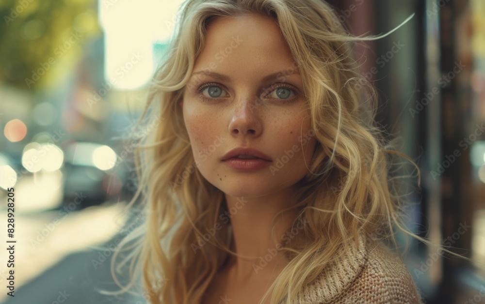 Fototapeta premium A blonde woman stands in front of a window in the city, with a shallow depth of field