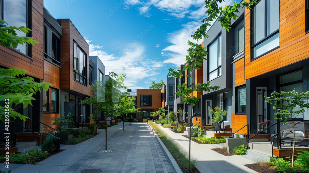 Street of modular houses and trees nearby, sales concept Street of modular houses and trees nearby, sales concept