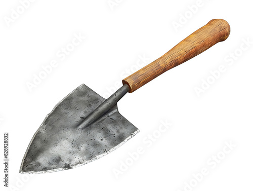 A weathered metal garden trowel with a wooden handle, isolated on a black background.