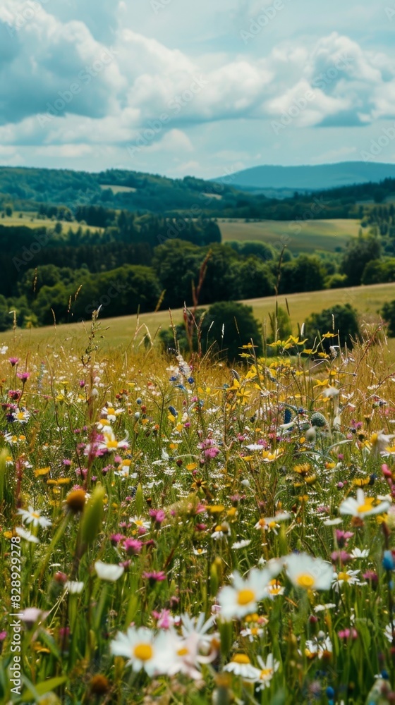 A field of wildflowers swaying in the breeze, rolling hills leading to a distant forest