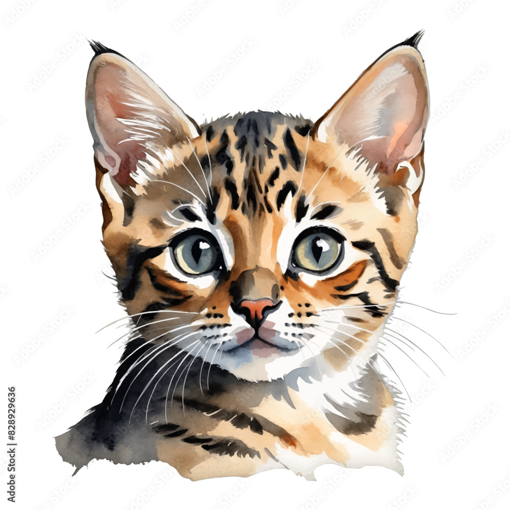 Obraz premium Bengal Cat Kitten Portrait Hand Drawn Watercolor Painting Illustration