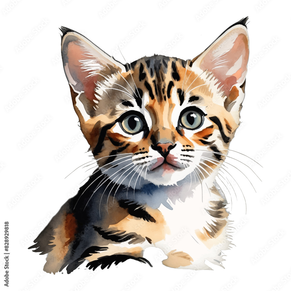 Bengal Cat Kitten Portrait Hand Drawn Watercolor Painting Illustration
