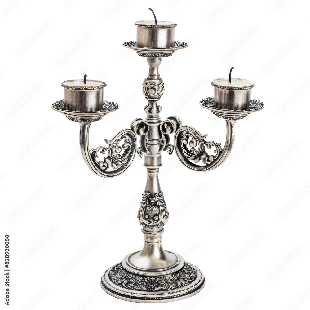 Fototapeta premium Ornate Silver Three-Arm Candelabra Isolated Without Background
