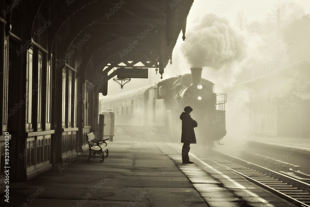 Un niño se encuentra en el andén de una antigua estación de tren esperando que llegue su tren de vapor