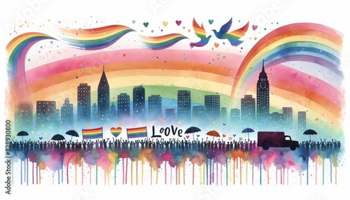 Watercolor pride parade in front of cityscape - Pride procession in urban setting with watercolor rainbow and city skyline